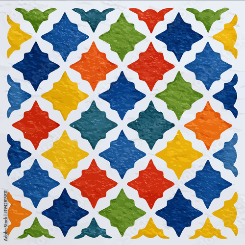 isolated clipart image of watercolor geometric grids portuguese pattern tile red yellow blue green linocut vector icon monochrome simple logo for