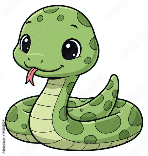 Cute green cartoon snake character isolated on white background