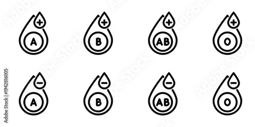 Set of blood type icons showing positive and negative for A, B, AB and O blood groups