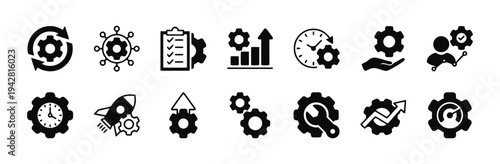 Set of business and management icons with gears and charts for strategy and workflow