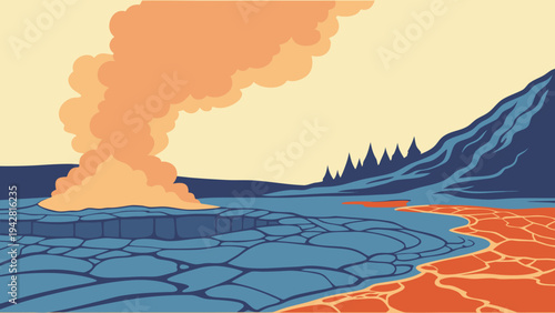Geothermal hot spring vector illustration showing a volcanic landscape with rising steam and smoke above cracked earth and blue mountains in retro style.