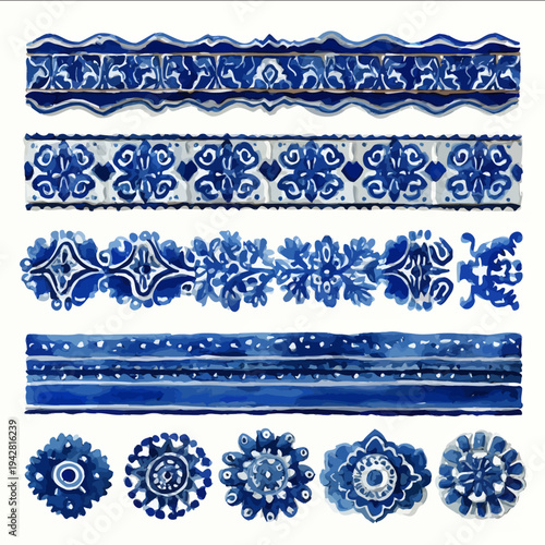 isolated clipart image of gouache blueand white borders strips arabesque floral folk geometric pattern tile vector icon monochrome simple logo fo