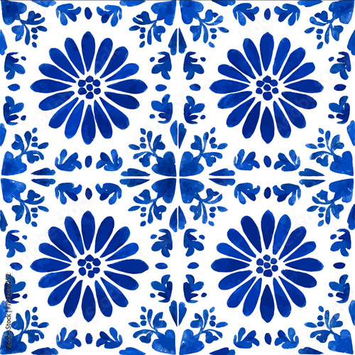 isolated clipart image of grids gouache blueand white borders strips floral folk geometric pattern tile vector icon monochrome simple logo for ki