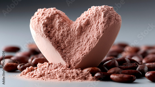 Heart shaped chocolate collagen powder with cocoa beans, healthy protein supplement and wellness nutrition concept