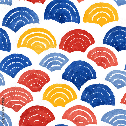 isolated clipart image of watercolor geometric ogee stripes sunrays red blue yellow handpainted repetitive pattern linocut vector icon monochrome