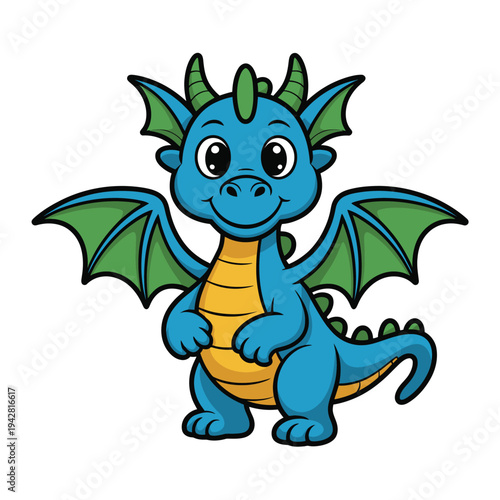 A cartoon blue dragon with green wings and a yellow belly