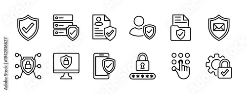 Set of cybersecurity and protection icons for digital security and data privacy