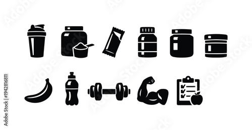 Set of icons for fitness and sports including shaker bottles dumbbells and healthy food