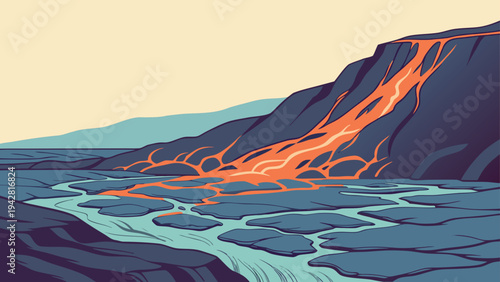 Glowing orange lava flowing down a dark rocky cliff into a blue volcanic landscape in a minimalist flat vector illustration for travel.