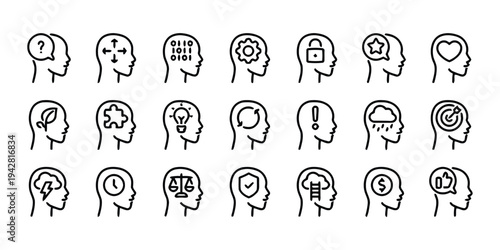 Set of icons representing human head profiles with various concepts like ideas, thoughts, and emotions