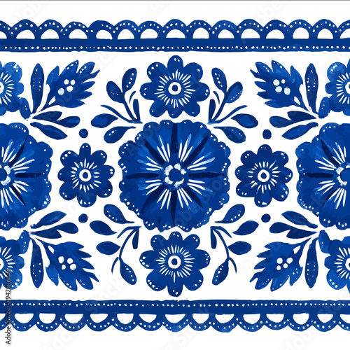 isolated clipart image of gouache blueand white borders strips floral folk geometric pattern tile vector icon monochrome simple logo for kids on