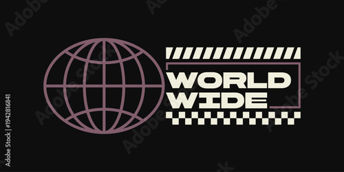 Worldwide typography design with globe grid and star sparkles. Logo design in retro urban style for t-shirt, apparel graphic, street culture design element on dark background