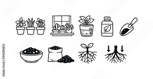 Set of icons representing gardening supplies and plant growth stages