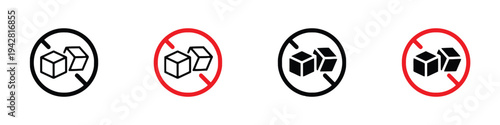 Set of icons symbolizing no sugar or sugar-free options, presented in black and white outlines and solid fills with red and black circles
