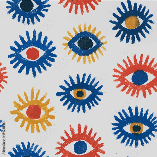 isolated clipart image of watercolor geometric ogee stripes evil eye sunrays red blue yellow handpainted repetitive pattern linocut vector icon m