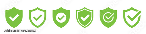 Set of green shield icons with check marks for security and verification