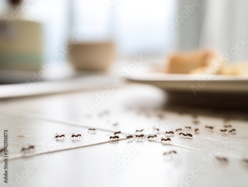small ants crawling across kitchen counter toward food crumbs
