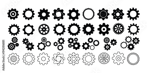 Set of gears and cogs icons in outline and solid styles