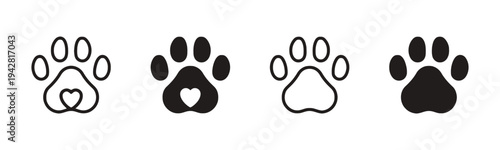 Set of paw print icons with hearts and outline variations