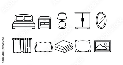 Set of outline icons depicting bedroom furniture and home decor items for interior design