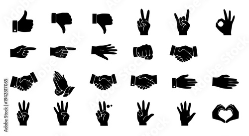 Black Silhouette Hand Gesture Icon Set – 20 Human Hand Signs Vector Collection