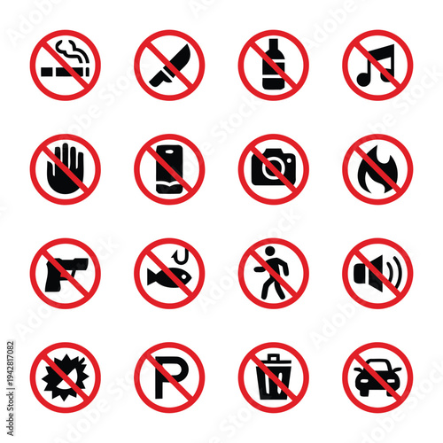 Set of prohibition signs, warning about forbidden activities and items