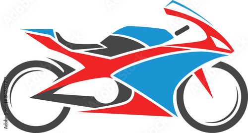 Stylized Red Blue Black Motorcycle Graphic Design.