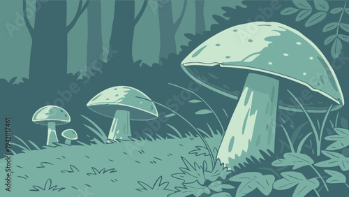 Mushrooms in a forest setting grow on a grassy floor in this stylized teal monochromatic vector illustration featuring wild fungi and trees.