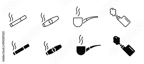Set of smoking icons including cigarettes cigars pipes and vaporizers