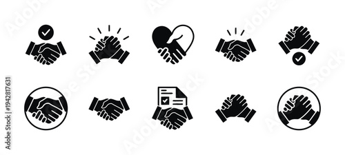 Set of solid black handshake and partnership icons depicting business collaboration teamwork trust and successful agreement deal closures