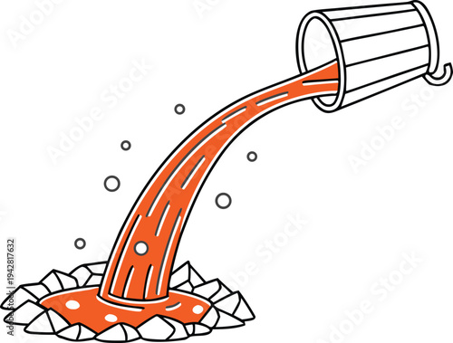 Molten metal vector illustration showing orange liquid pouring from a bucket into a rocky pool with steam bubbles for industrial or foundry concepts.