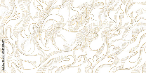Elegant gold wave line pattern, white background, abstract Japanese curves and flowing shapes. Luxury vector design fluid lines, geometric deco elements, fancy ocean graphic.