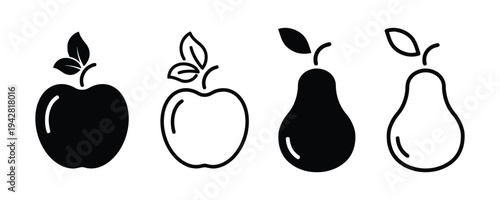 Set of vector icons representing fruits apples and pears solid filled and outline styles isolated on white background