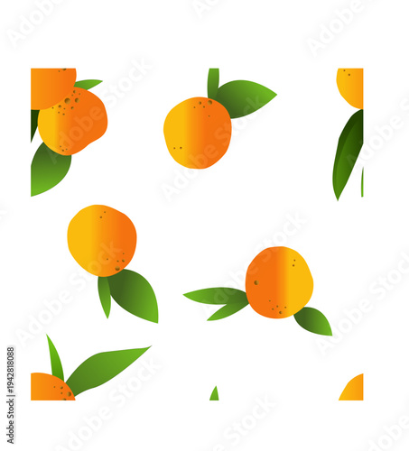 Mandarin motifs. Seamless vector pattern with orange fruits and green leaves on a white background.