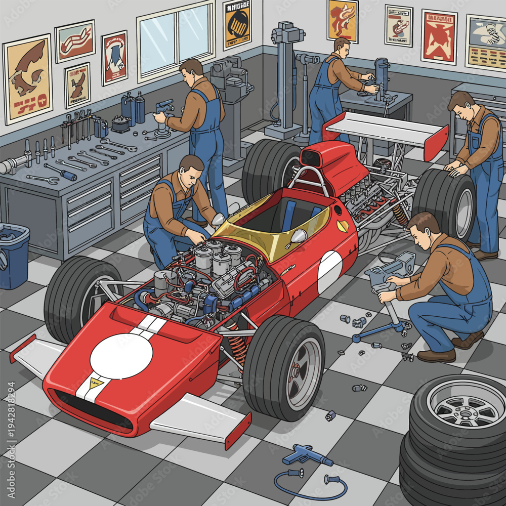 Fototapeta premium Vintage Formula One Car Being Assembled in Workshop.