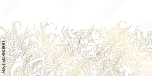 Elegant gold wave line pattern, white background, abstract Japanese curves and flowing shapes. Luxury vector design fluid lines, geometric deco elements, fancy ocean graphic.