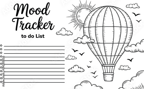 Black and white mood tracker with hot air balloon to do list