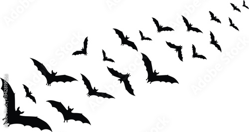 Bat silhouette collection with flying formation, nocturnal animals, Halloween theme, motion depth, wildlife, nature, spooky, night, flight illustration