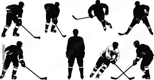 Hockey player silhouettes with sticks, dynamic sports poses, detailed jersey design, athletic ice hockey motion, modern vector illustration
