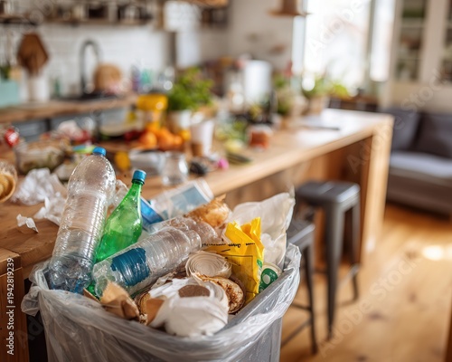 Overflowing trash bin in kitchen filled with plastic bottles, paper and food packaging