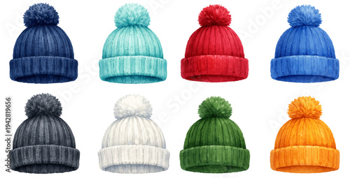 A charming watercolor collection of colorful knitted winter hats featuring cozy pom-pom beanies illustrated in a warm seasonal style.