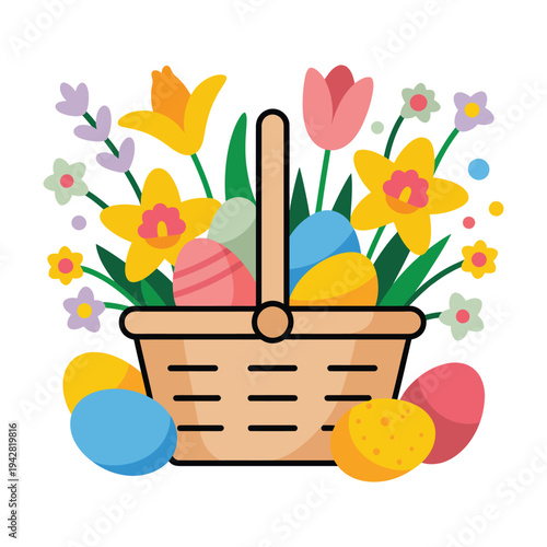 A colorful Easter basket filled with eggs and flowers on a white background