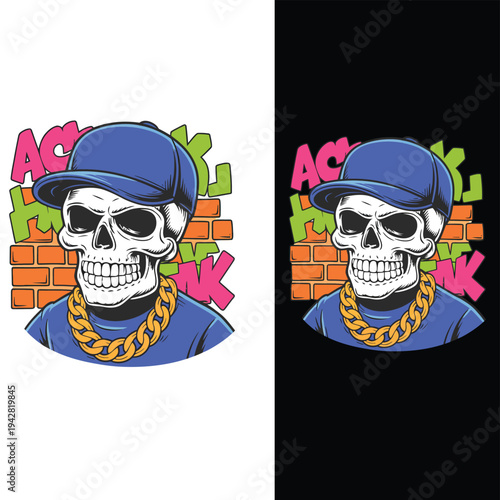 A colorful illustration of a skull wearing a blue cap and gold chain