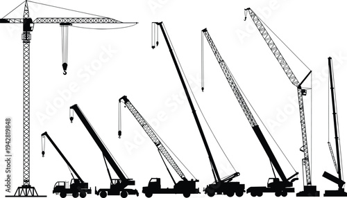 Construction crane silhouettes collection isolated on white background, tower and mobile cranes for engineering building and industry design