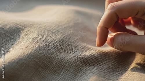 Touch of Fabric: A gentle touch reveals the subtle texture and natural beauty of linen, the fingers caressing the surface with a sense of wonder.