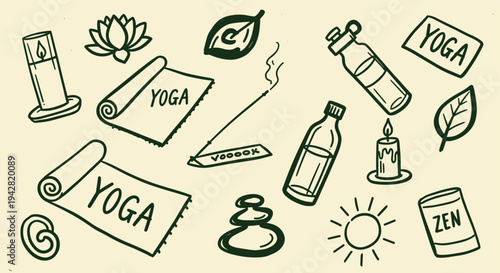 Yoga and meditation elements doodle style on beige background