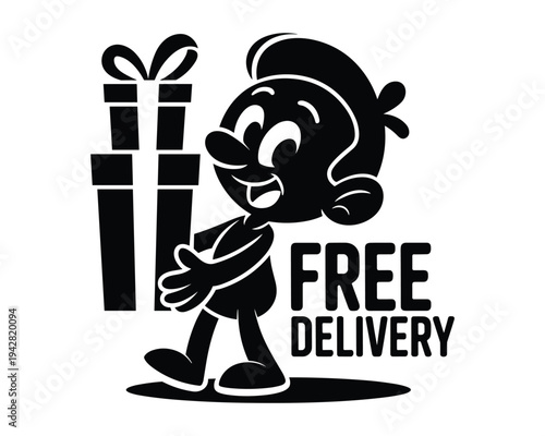 Cartoon character character happily carrying stack of gift boxes with free delivery text isolated on transparent background
