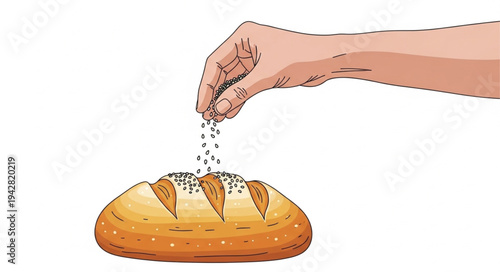 Hand Sprinkling Sesame Seeds on Bread.