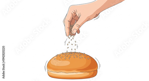 Hand Sprinkling Sesame Seeds on Bun.