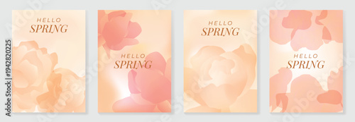 Spring floral poster vector set with soft peach and beige flower backgrounds. Elegant pastel botanical design for greeting card, invitation, social media, wall art and seasonal branding.